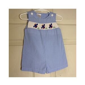 Simply Smock Blue White Gingham Plane Embroidered Sleeveless Romper One-Piece 6M